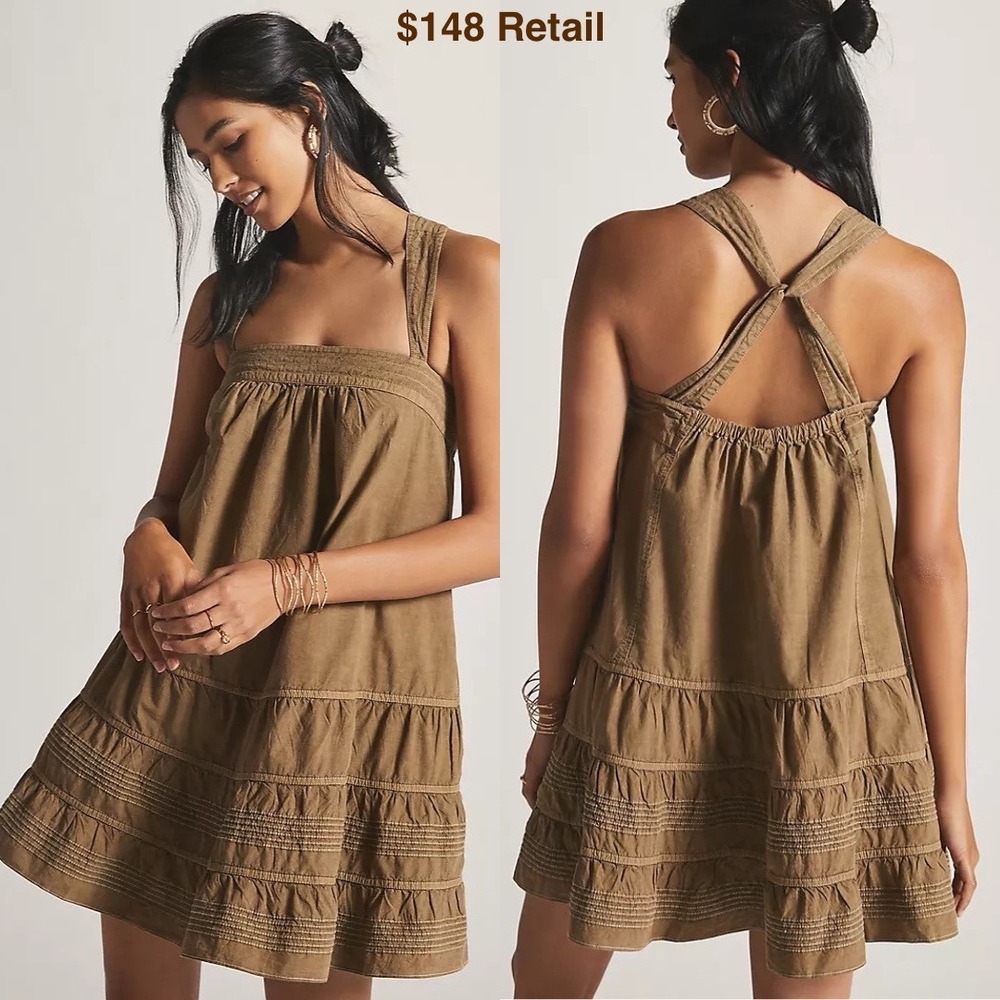 Anthropologie PILCRO Mini Swing Dress M Brown Babydoll Boho Cottagecore Western